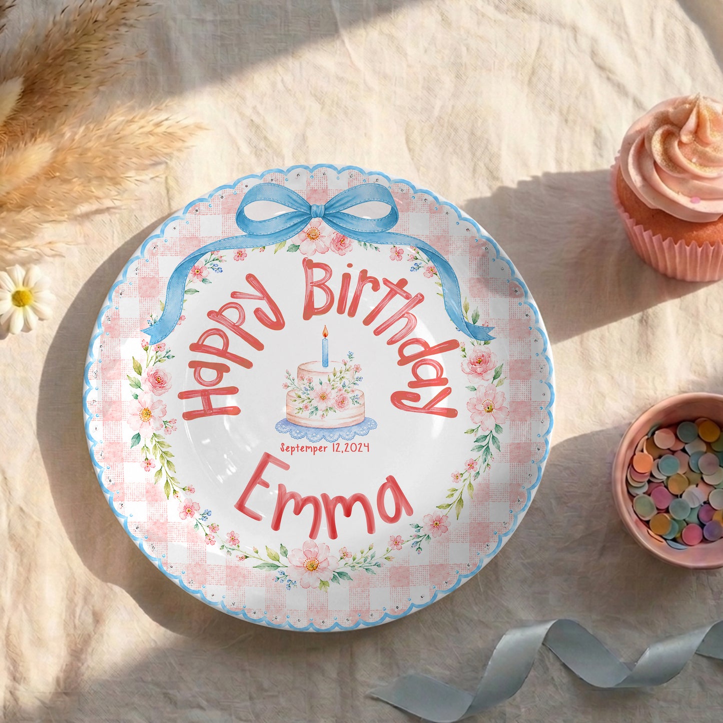 Blue Bow Gingham Floral Personalized Birthday Plate P561Y10