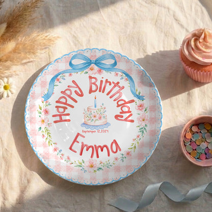 Blue Bow Gingham Floral Personalized Birthday Plate P561Y10