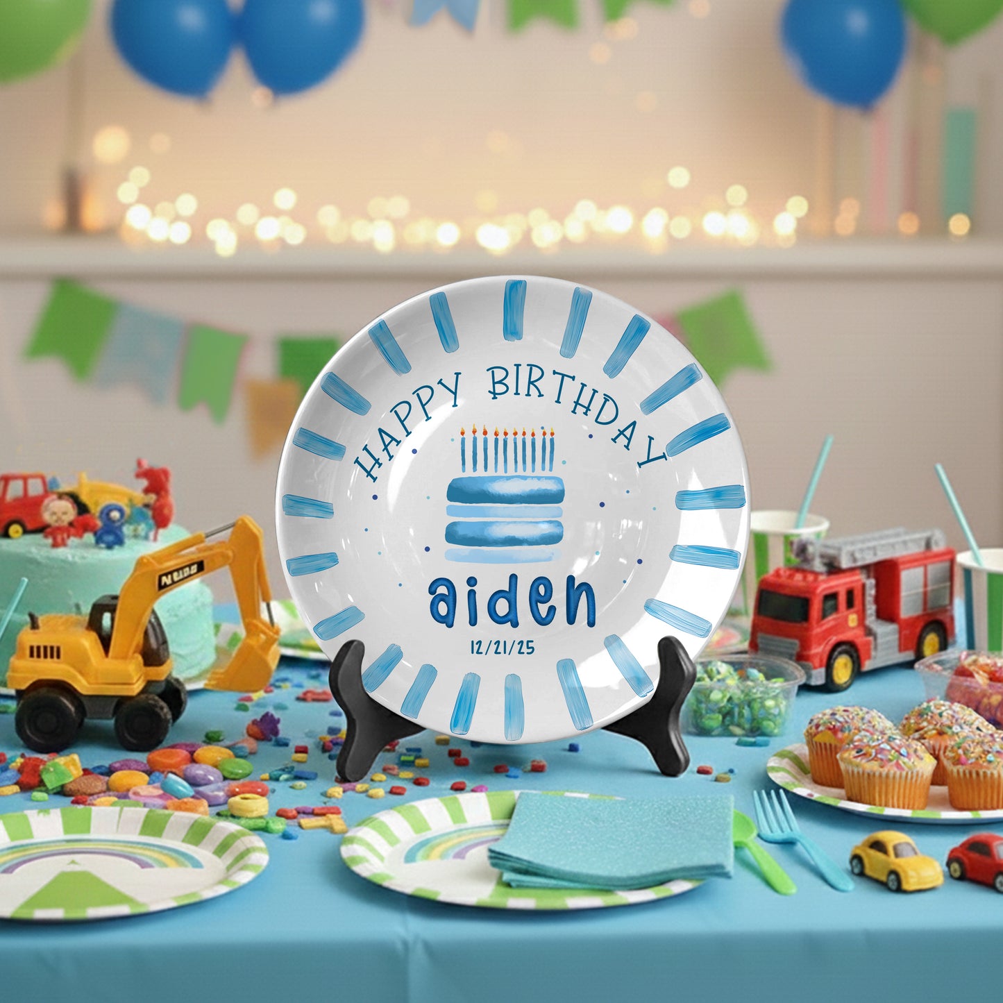 Blue Cake and Brush Stroke Border Personalized Birthday Plate P111BC60