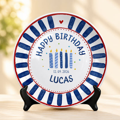 Blue Striped Birthday Candles Personalized Birthday Plate P626KF7TT
