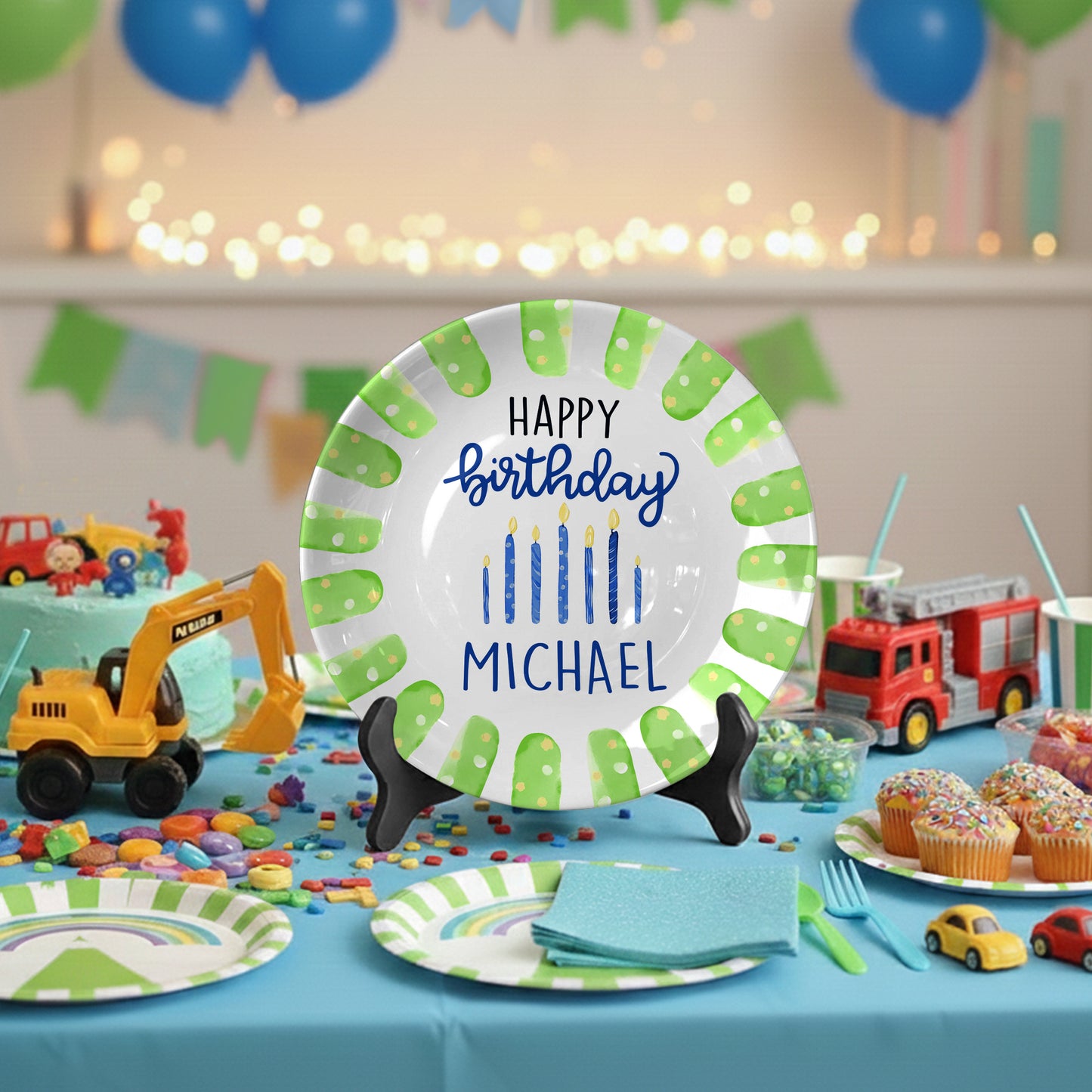 Green Brush Border with Blue Candles Personalized Birthday Plate D923B6N0