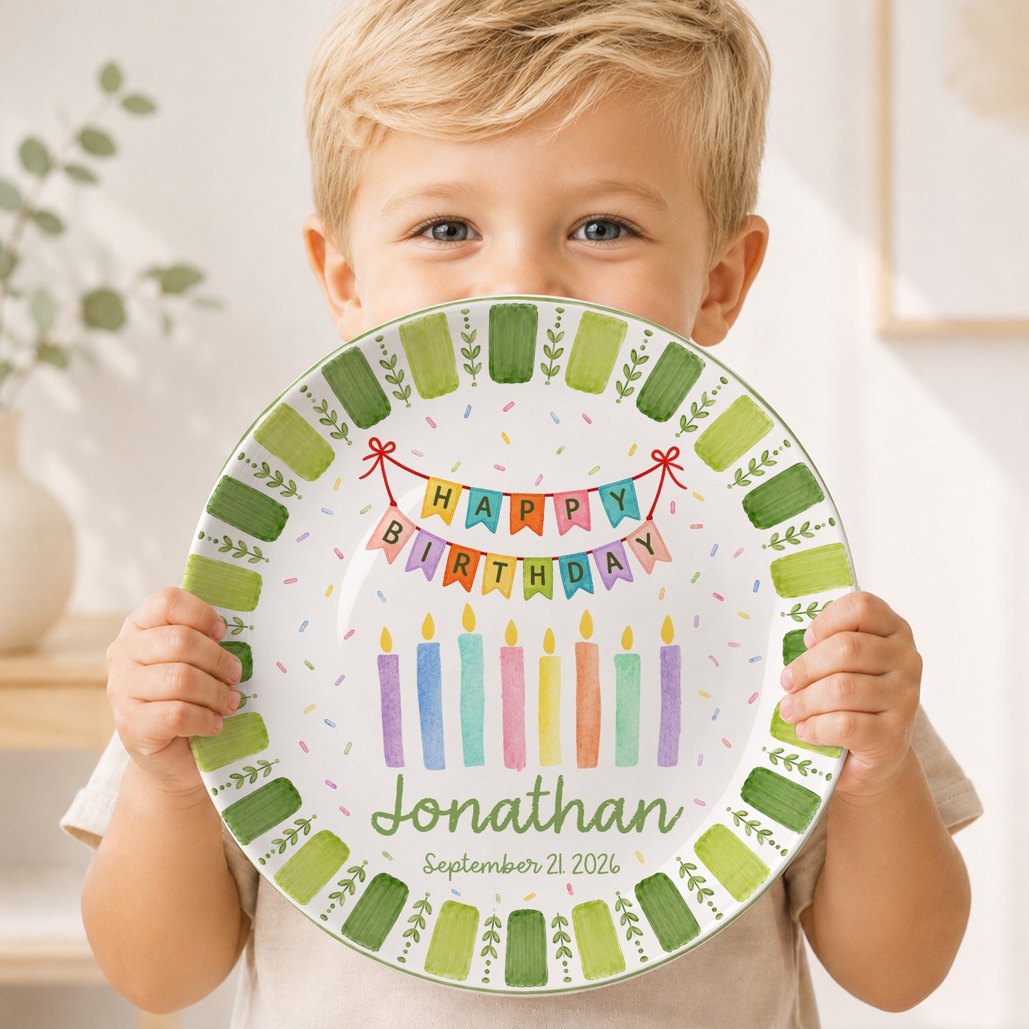 Green Striped Leaf Border with Birthday Banner and Colorful Candles Personalized Birthday Plate P66QSJ0