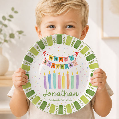 Green Striped Leaf Border with Birthday Banner and Colorful Candles Personalized Birthday Plate P66QSJ0