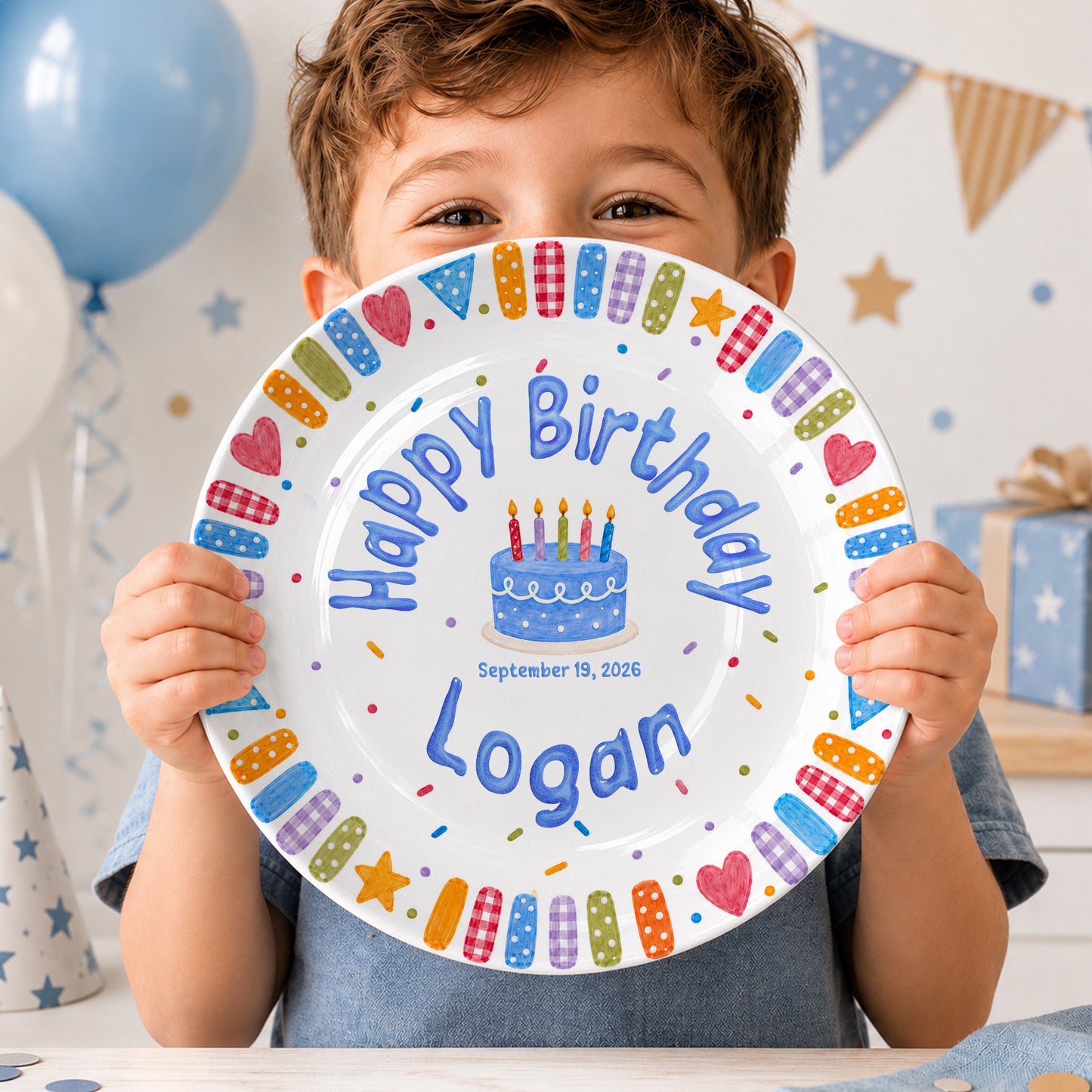 Blue Cake and Colorful Confetti Personalized Birthday Plate P6174GK0