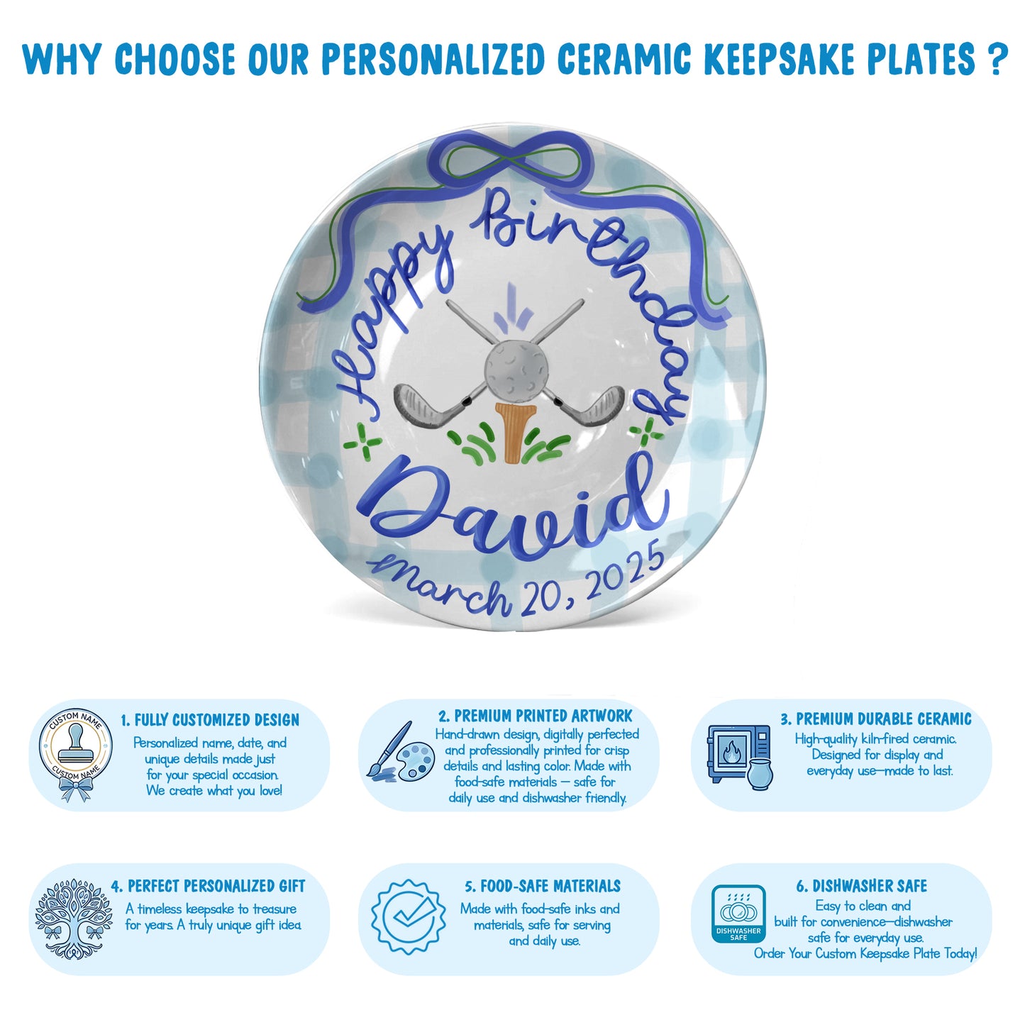 Blue Golf Bow Personalized Birthday Plate for Boys P511RLD0