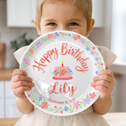 Floral Wreath with Pink Birthday Cake Personalized Birthday Plate P415Q5C0