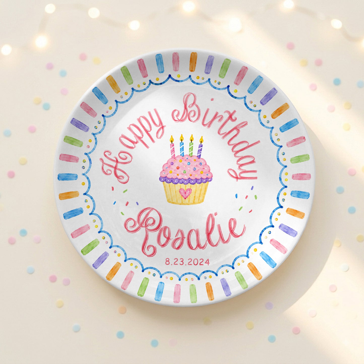 Colorful Cupcake Personalized Birthday Plate for Kids First Birthday Gift P814R8W0