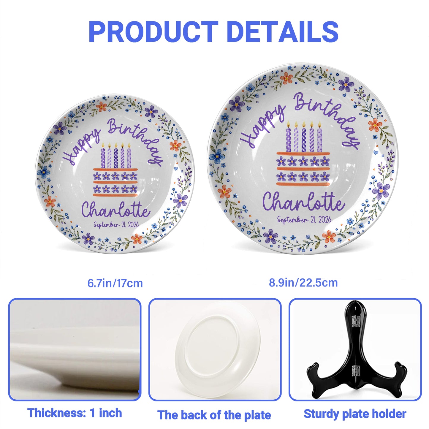 Purple Floral Personalized Birthday Plate for Girls, Custom Birthday Keepsake Gift P723G7E0