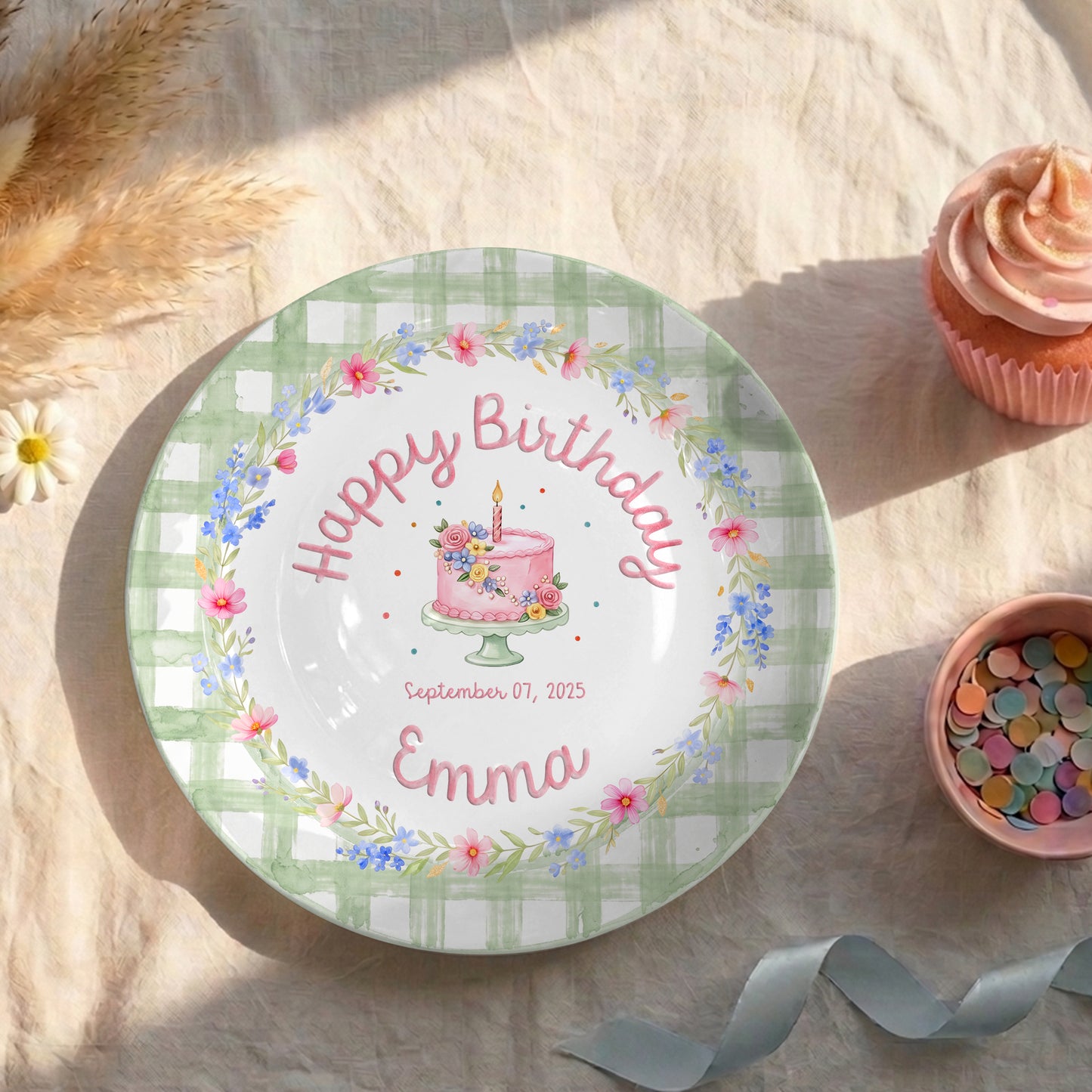 Sage Green Floral Cake Personalized Birthday Plate P331MYL0