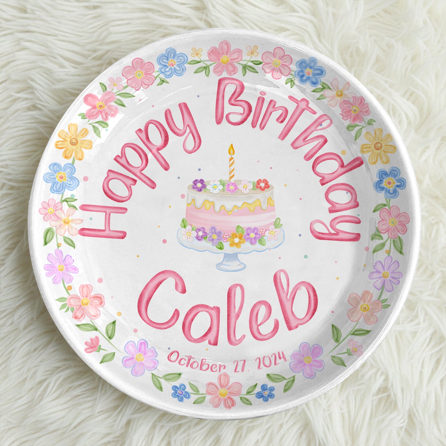 Pastel Floral Birthday Cake Personalized Birthday Plate P32GVK0