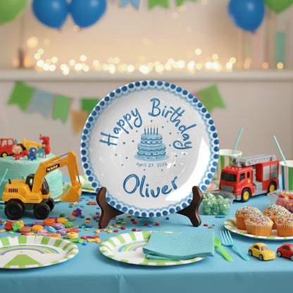 Blue Dotted Border and Cake Personalized Birthday Plate P32WRE0