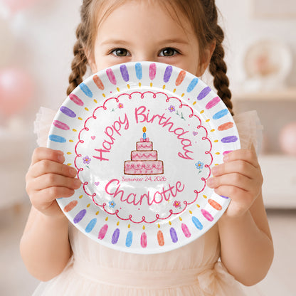 Colorful Candle Border with Tiered Birthday Cake Personalized Birthday Plate D69OJI0