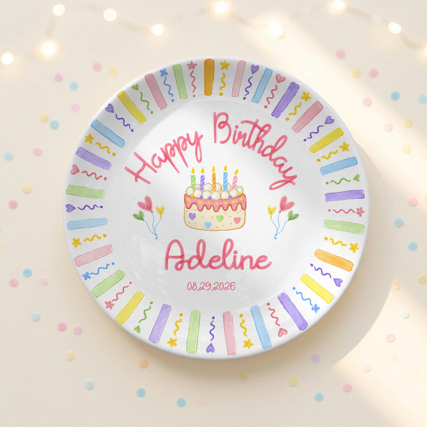 Colorful Kids Birthday Cake Custom Name Keepsake Personalized Birthday Plate Party Decor Gift P818HUN0