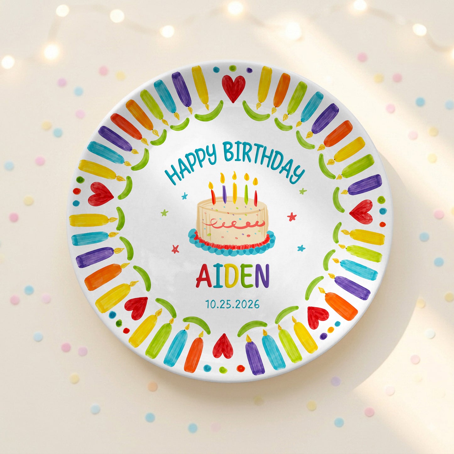 Colorful Candle Kids Birthday Keepsake Custom Name Date Personalized Birthday Plate P8140WR0