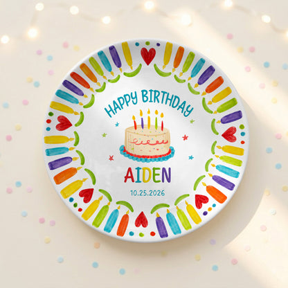 Colorful Candle Kids Birthday Keepsake Custom Name Date Personalized Birthday Plate P8140WR0