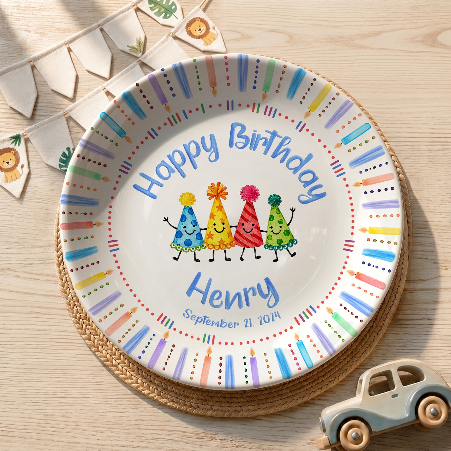 Birthday Hat Candle Border Personalized Birthday Plate P530NCK0