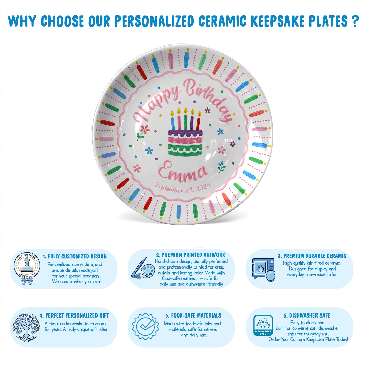 Colorful Birthday Cake Keepsake Personalized Birthday Plate for Kids D6250W50