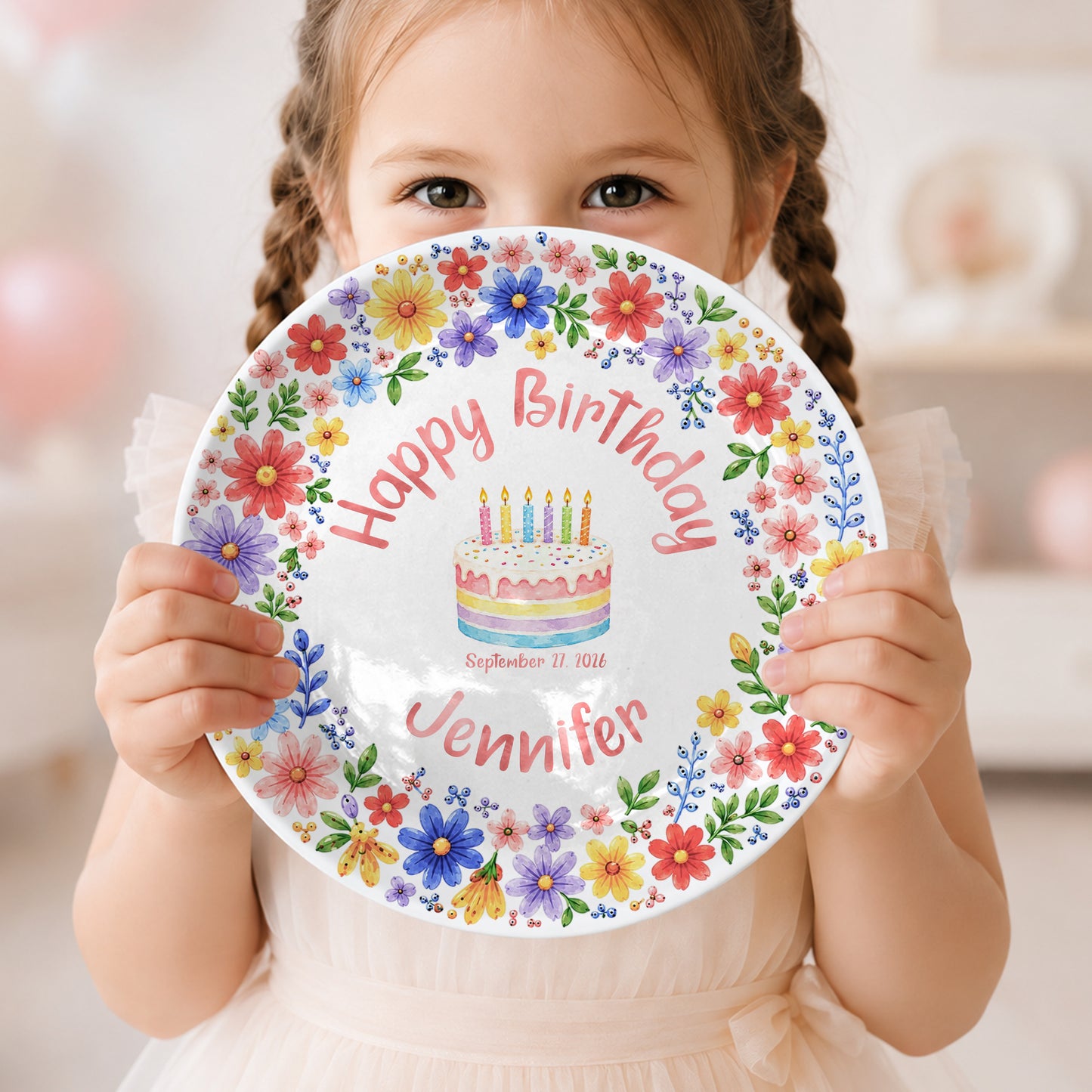 Custom Name Floral Birthday Cake Personalized Birthday Plate for Kids P619KWJ0