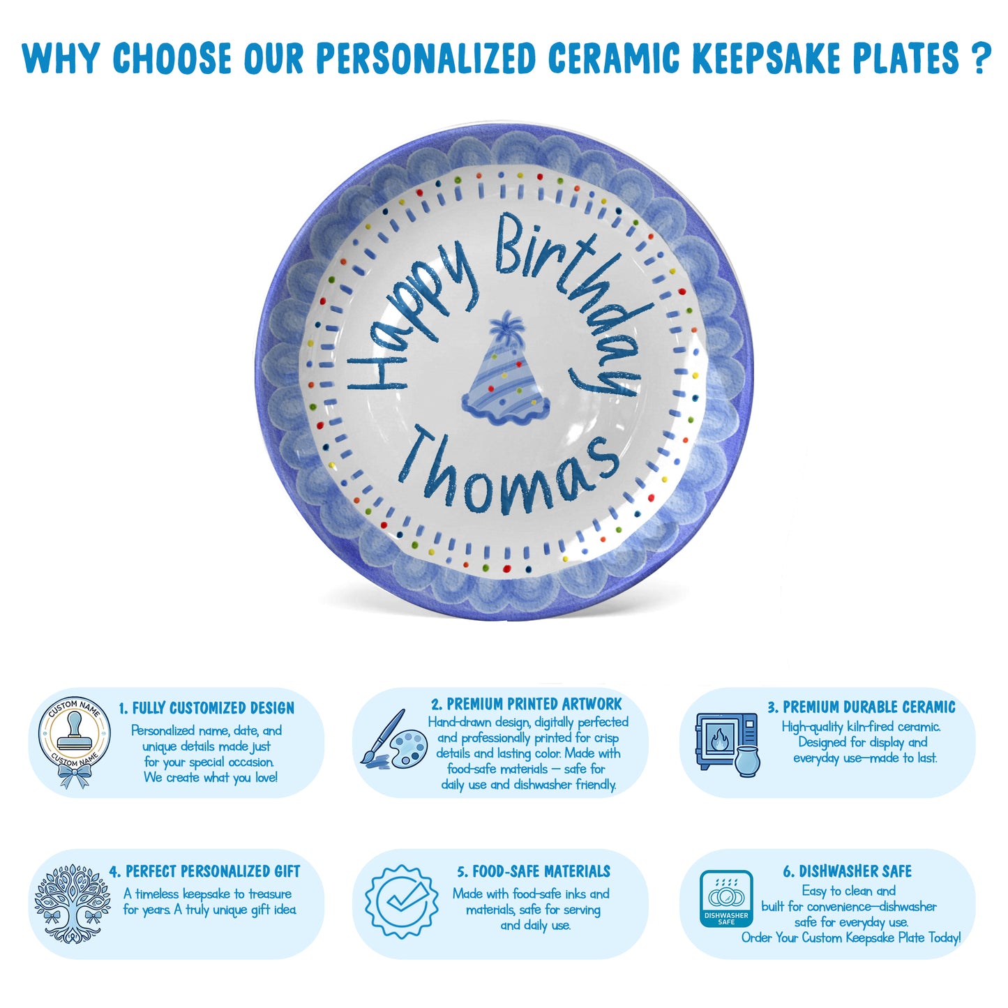 Blue Crayon Scallop Border with Party Hat Personalized Birthday Plate P511RLQ0