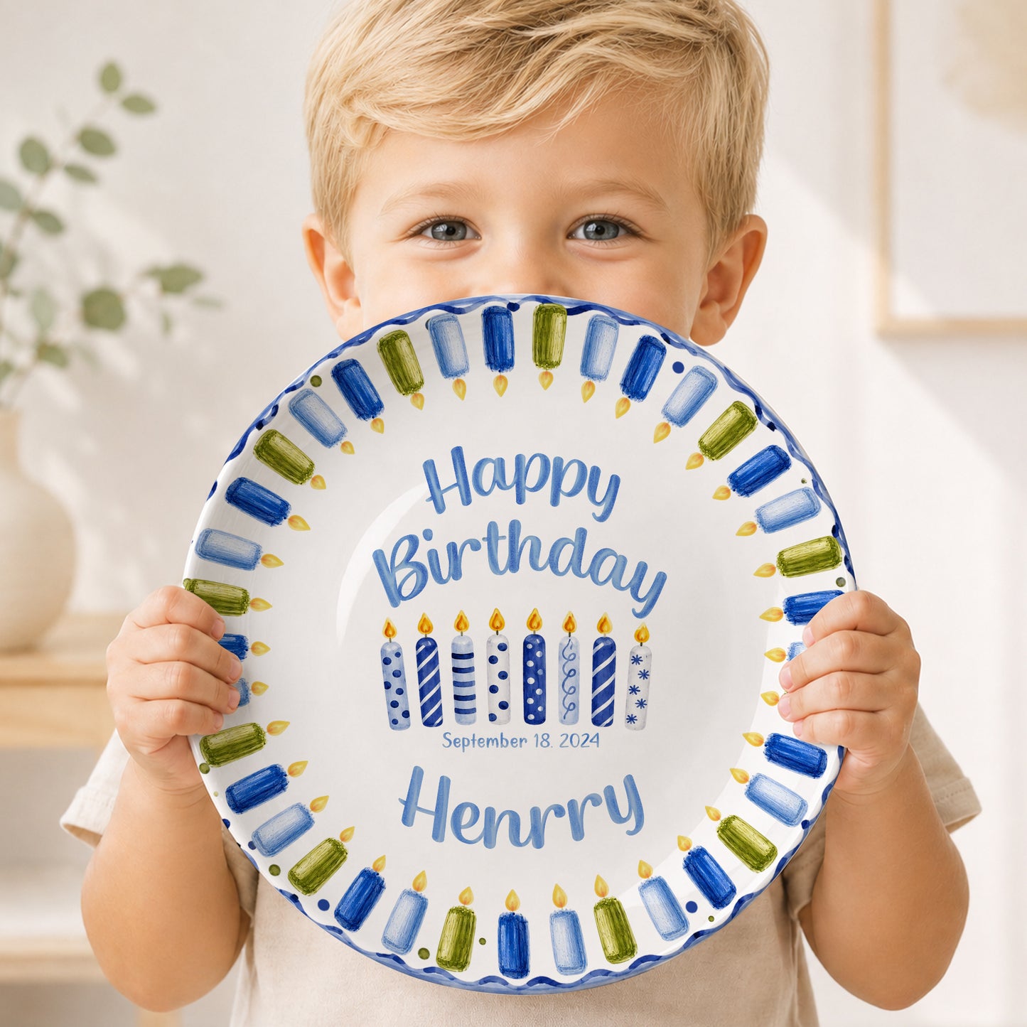 Blue Green Candle Border Personalized Birthday Plate P528HJP0
