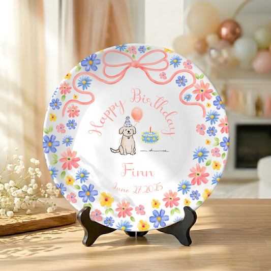 Pink Bow with Pastel Floral Border and Birthday Puppy Personalized Birthday Plate P522HZQ0