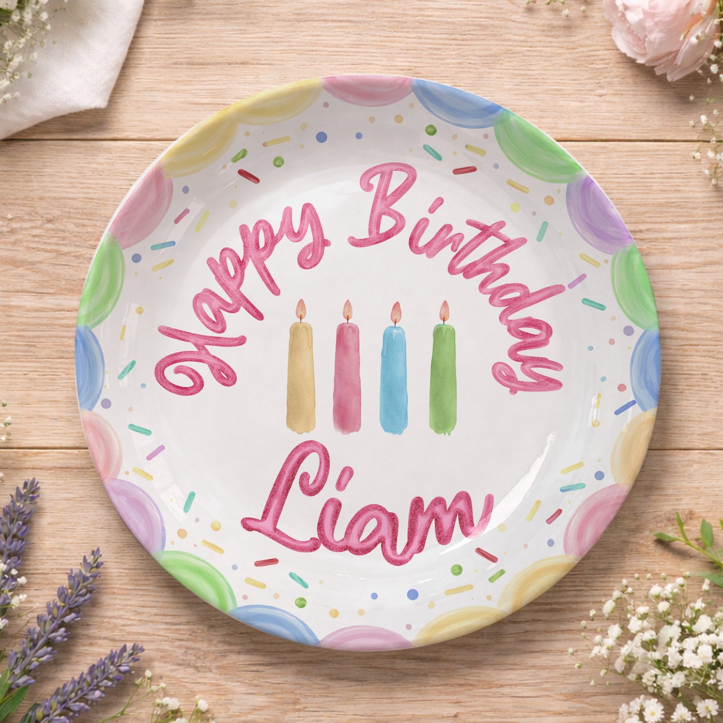 Pastel Candles and Rainbow Border Personalized Birthday Plate P225FQF0