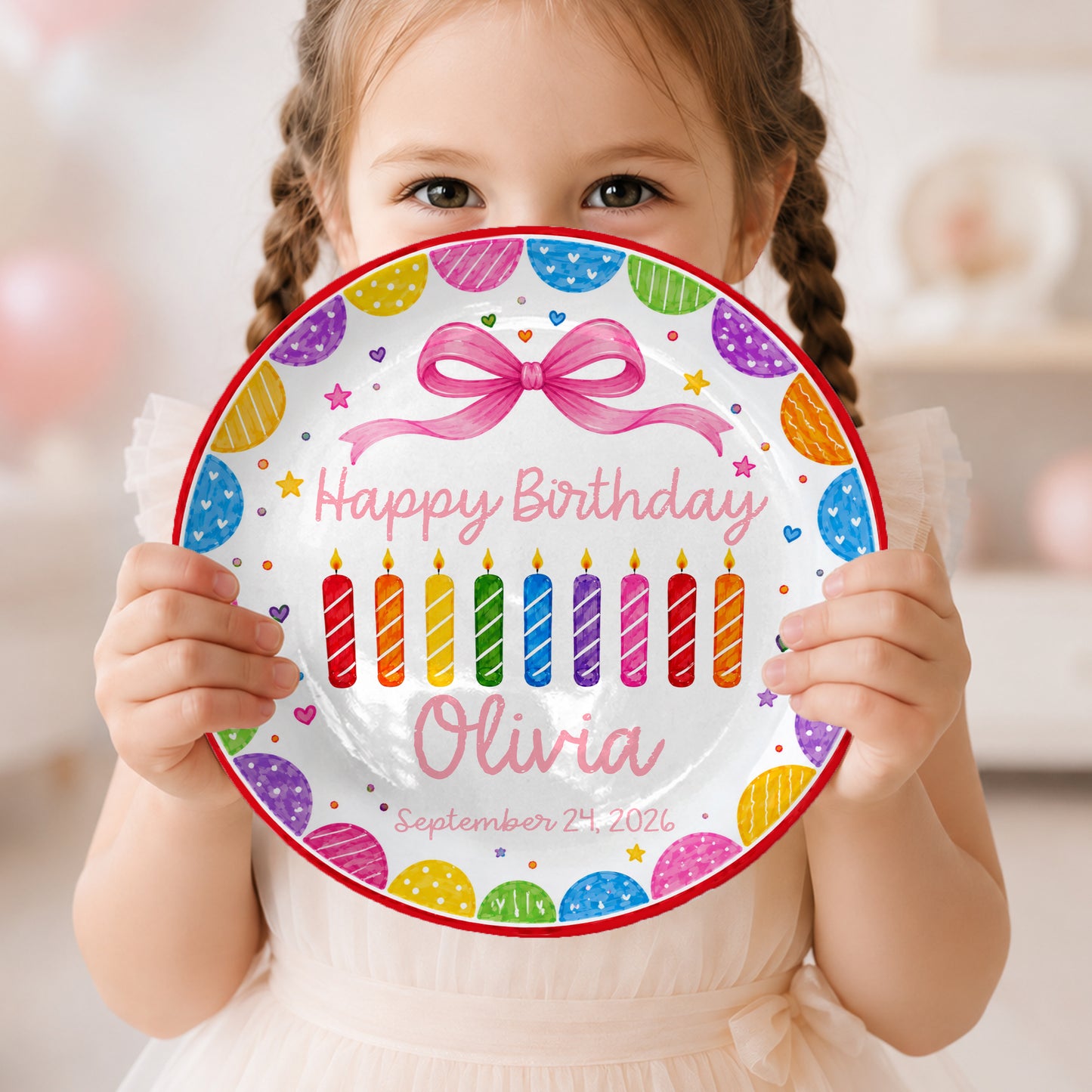 Happy Birthday Rainbow Candles Keepsake Personalized Birthday Plate for Kids P619T3J0