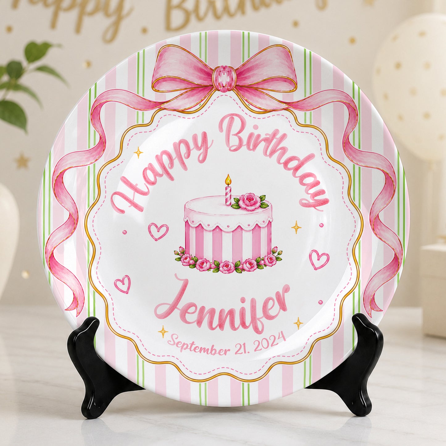 Pink Bow Personalized Birthday Plate for Girls, Custom Birthday Keepsake Gift P730PBN0
