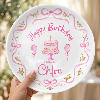 Pink Floral Bow Birthday Cake Custom Name Keepsake Personalized Birthday Plate Gift P813NCL0