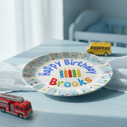 Colorful Candles with Blue Confetti Border Personalized Birthday Plate P23GWI0