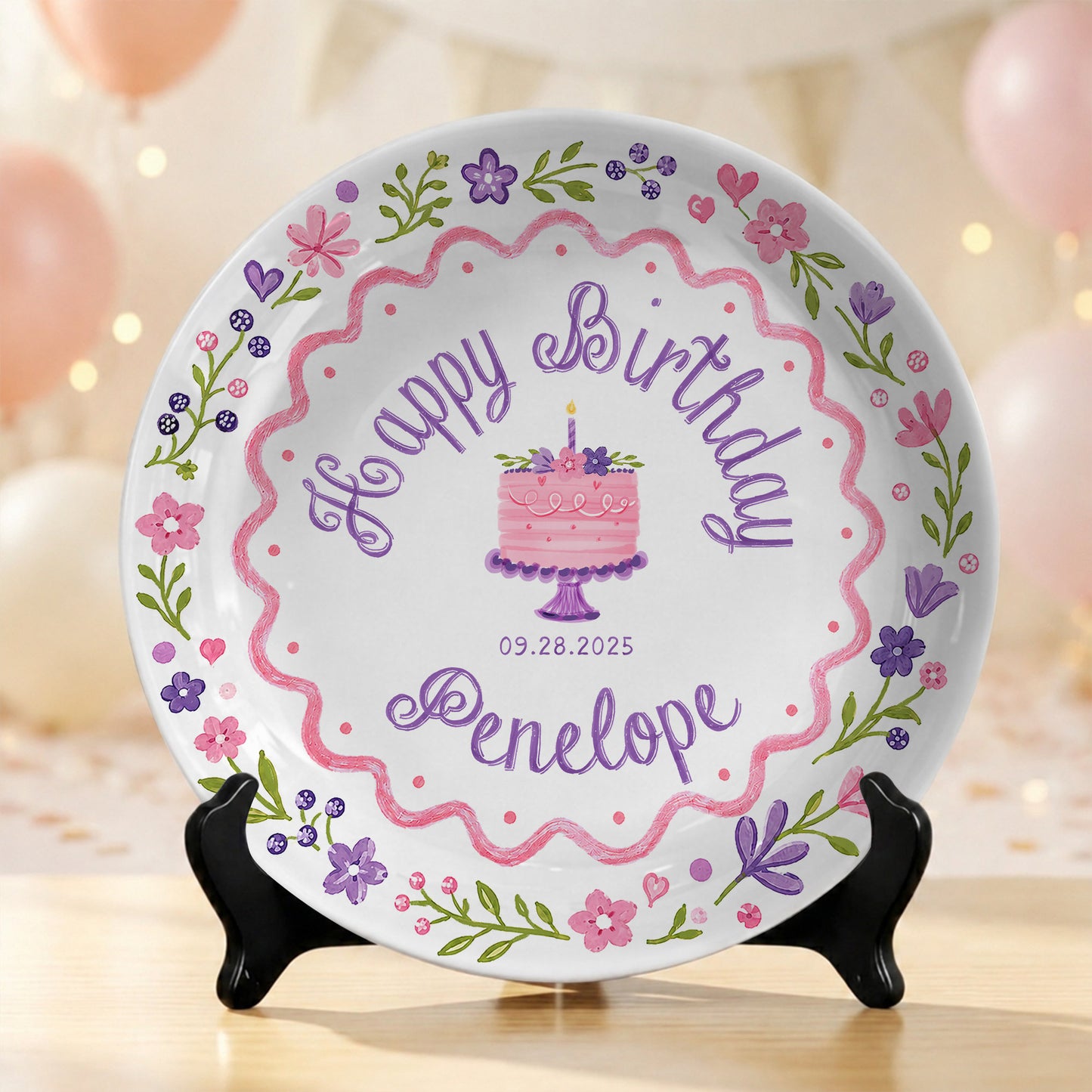 Floral Cake First Birthday Custom Name Keepsake Personalized Birthday Plate P826KAY0