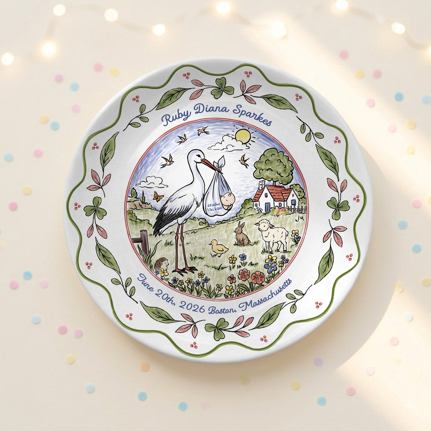 Stork Baby Birth Stats Nursery Keepsake Gift Personalized Birthday Plate P825DLK0