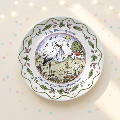 Stork Baby Birth Stats Nursery Keepsake Gift Personalized Birthday Plate P825DLK0