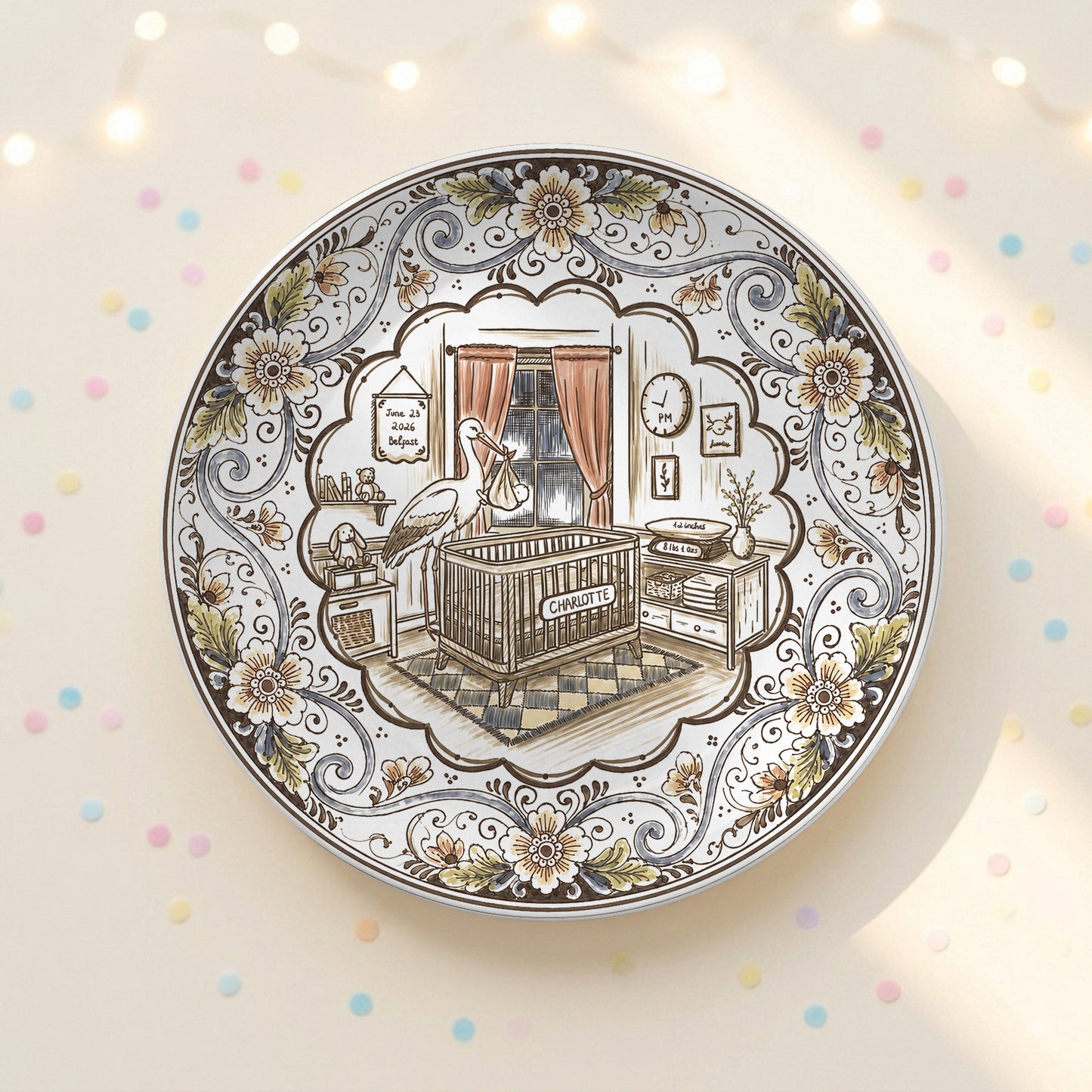 Vintage Floral Newborn Birth Stats Custom Name Ceramic Personalized Birthday Plate P820YFH0