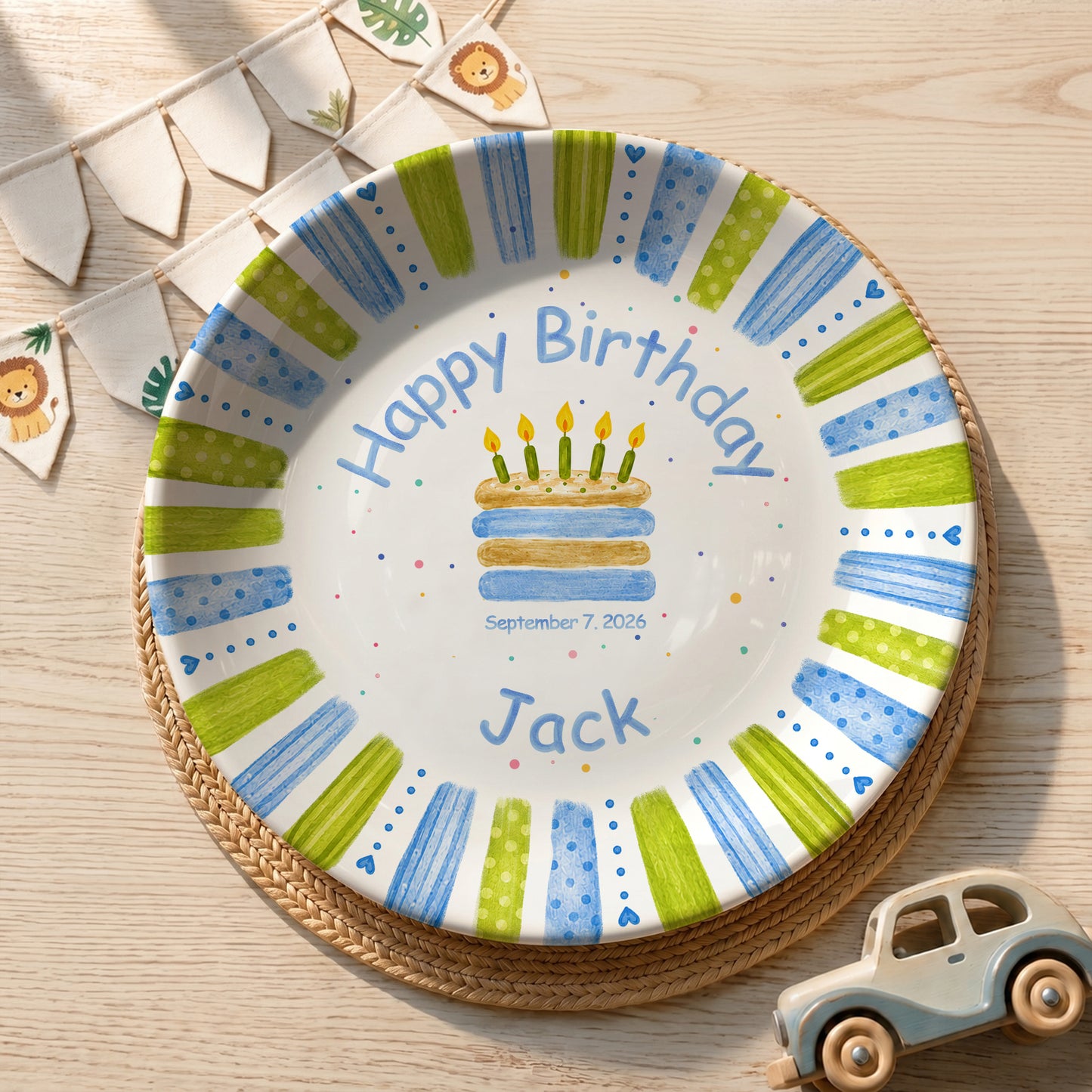 Blue Green Stripe Cake Personalized Birthday Plate P66M130