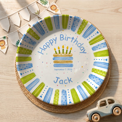 Blue Green Stripe Cake Personalized Birthday Plate P66M130