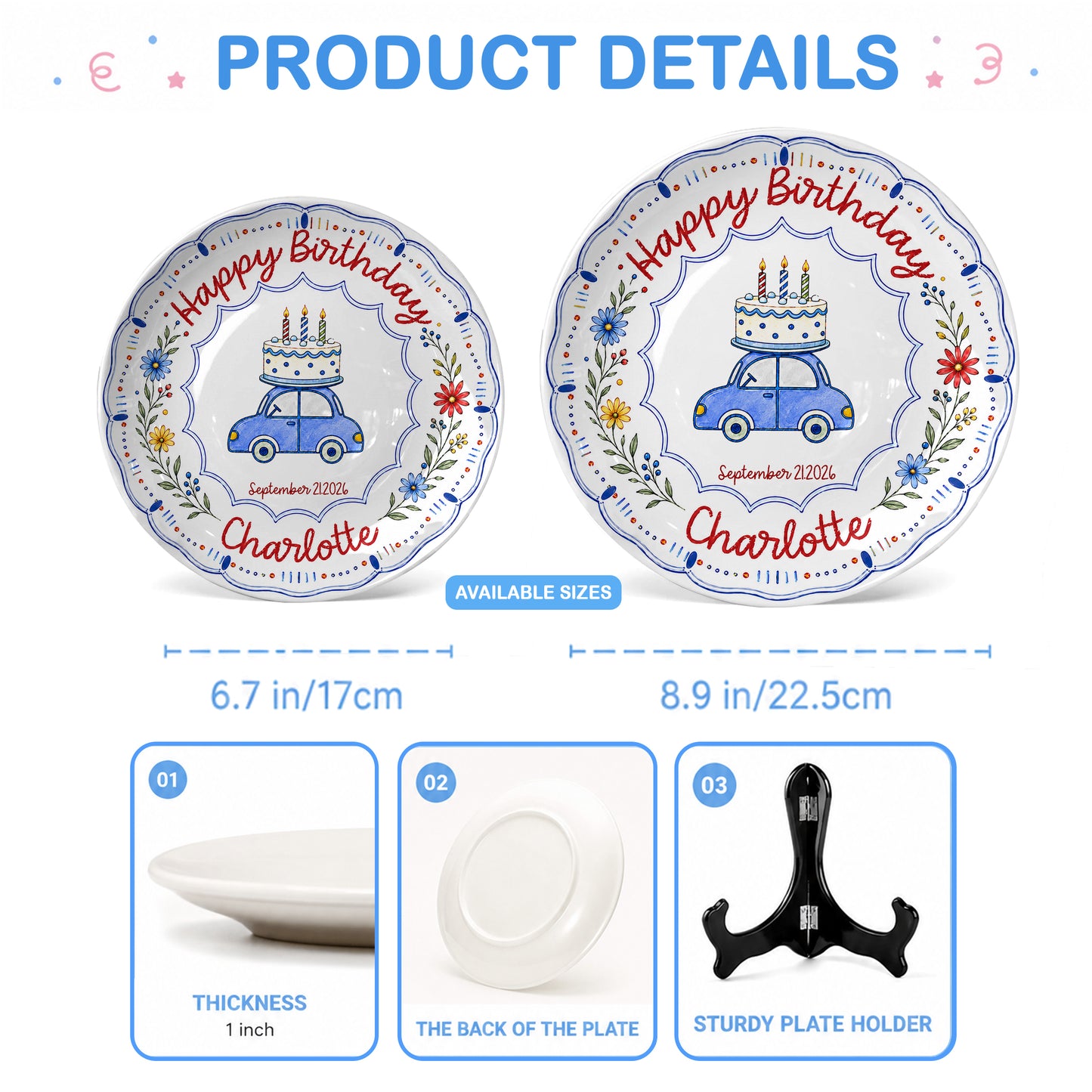 Blue Car Floral Personalized Birthday Plate for Kids Keepsake Gift P8124VP0