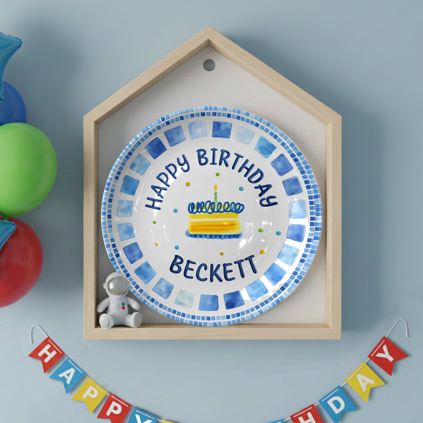 Blue Tile Border Cake Personalized Birthday Plate P228QZD0