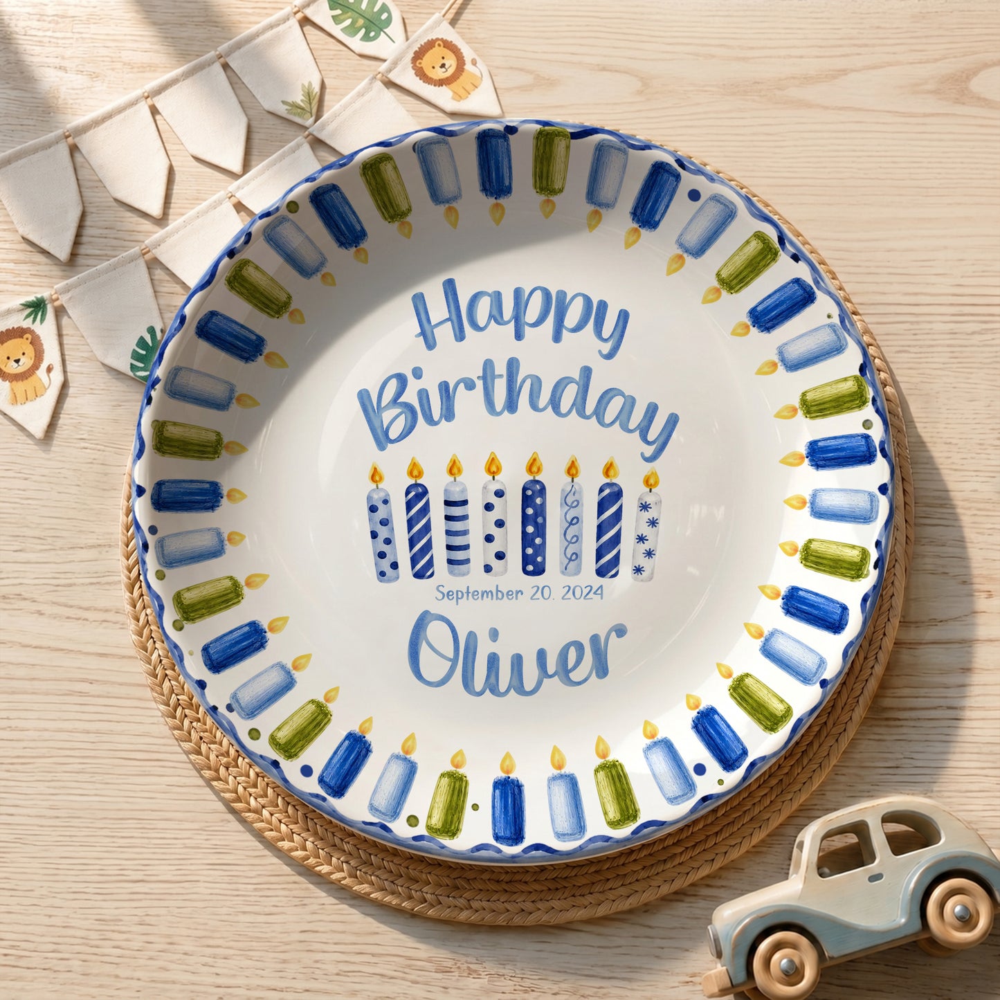 Blue Green Candle Border Personalized Birthday Plate P528HJP0