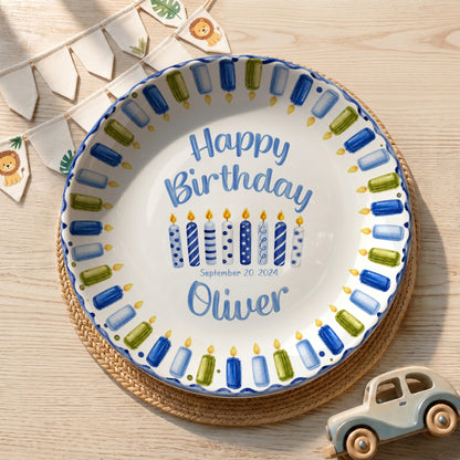 Blue Green Candle Border Personalized Birthday Plate P528HJP0
