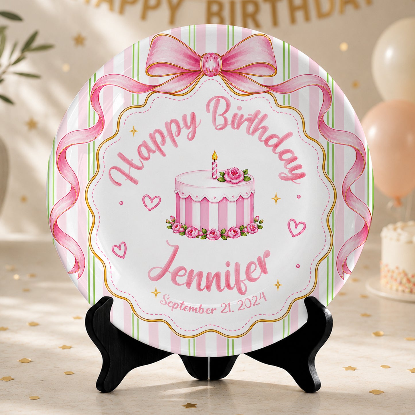 Pink Bow Personalized Birthday Plate for Girls, Custom Birthday Keepsake Gift P730PBN0
