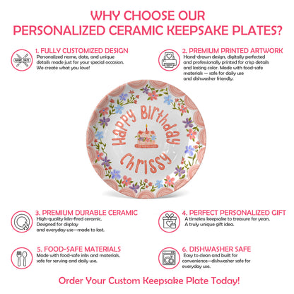 Pink Scallop Border with Colorful Floral Wreath Personalized Birthday Plate P42VPA0