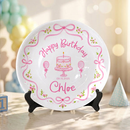 Pink Floral Bow Birthday Cake Custom Name Keepsake Personalized Birthday Plate Gift P813NCL0