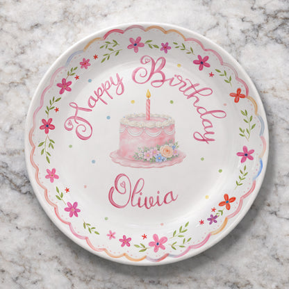Pink Floral Scallop Personalized Birthday Plate P226GZM0