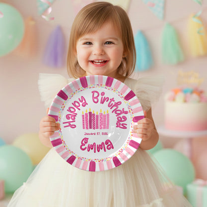 Pink Stripe Candle Personalized Birthday Plate P29F6C0