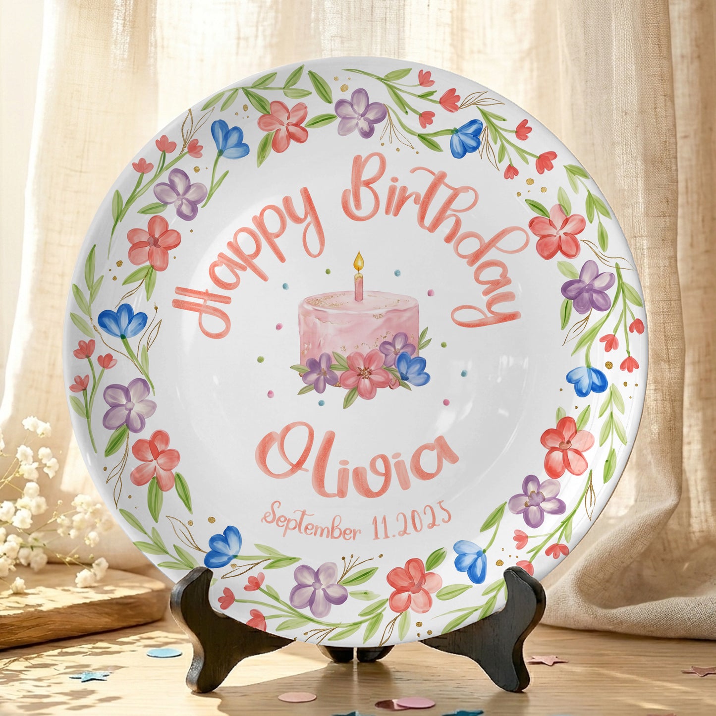 Colorful Floral Cake Personalized Birthday Plate for Girls P417GEG0