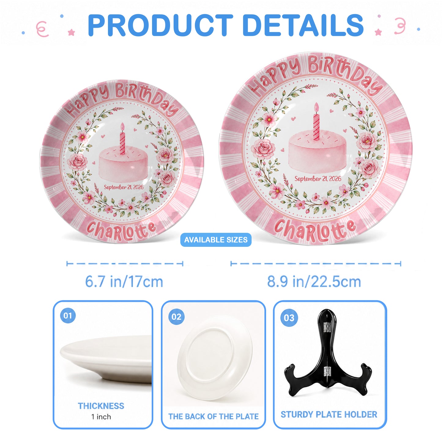 Pink Floral Cake Keepsake Personalized Birthday Plate for Baby Girls P872UD0