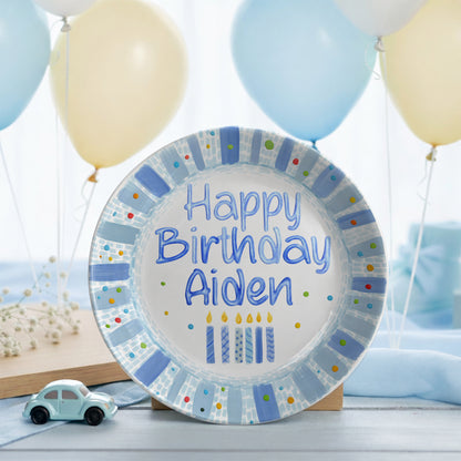 Blue Candles and Confetti Border Personalized Birthday Plate P274NR0