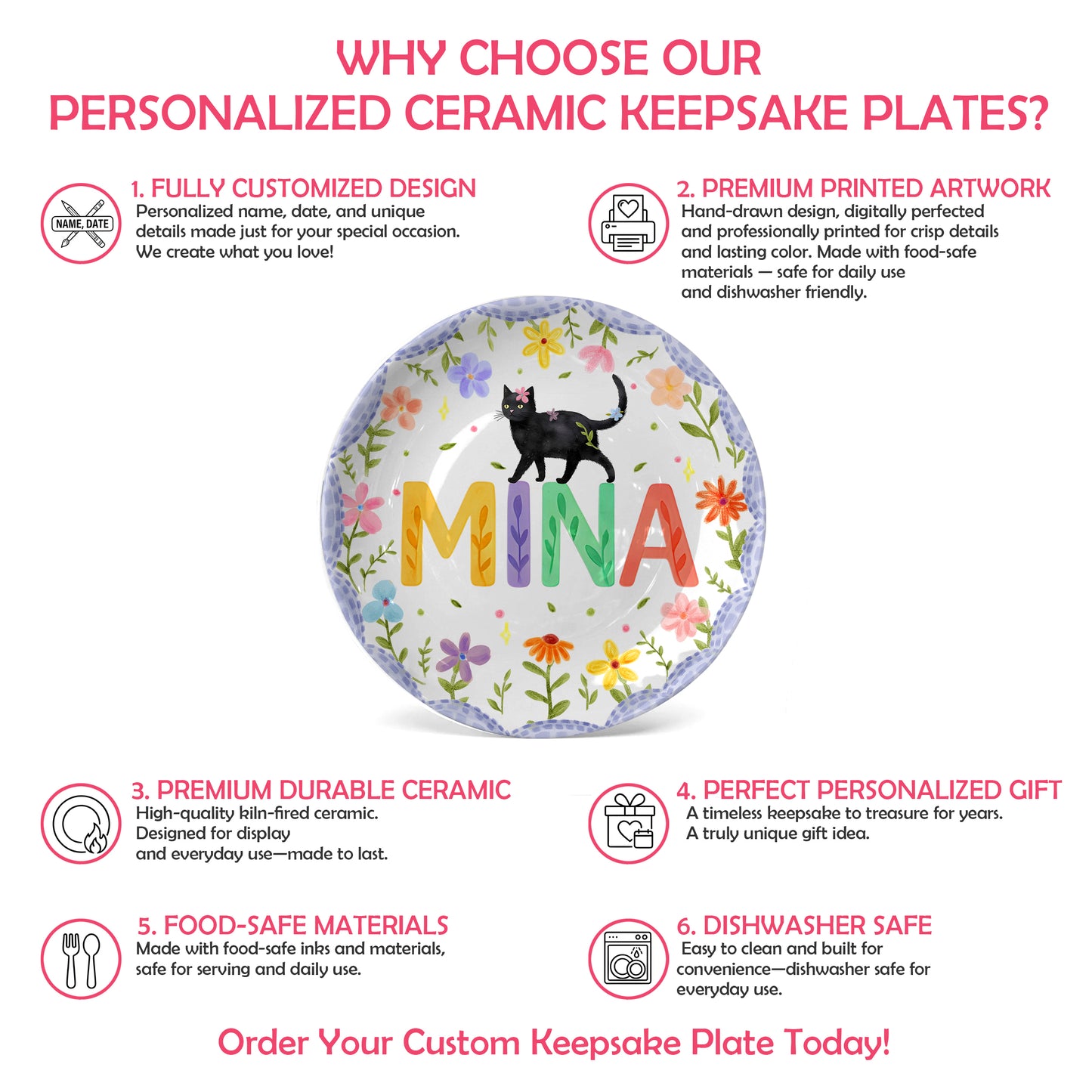 Lavender Scallop Border with Black Cat and Colorful Floral Name Personalized Birthday Plate P54NP00