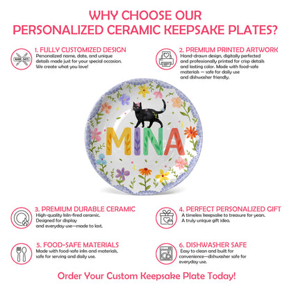 Lavender Scallop Border with Black Cat and Colorful Floral Name Personalized Birthday Plate P54NP00